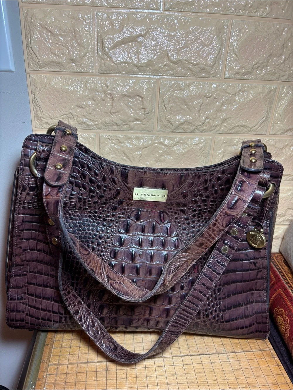 Brahmin Croc-Embossed Leather Shoulder Bag in Dark Brown w Burgundy Tones